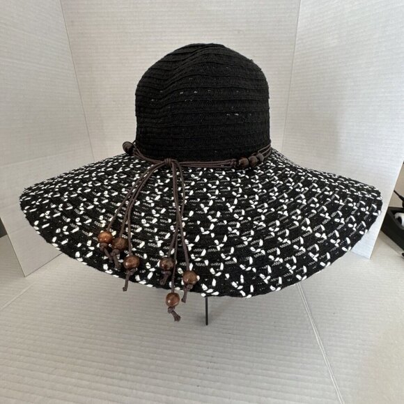 Fashion Hat Wide Brim Woven Sun Hat Beaded String Band NWT Black - Picture 14 of 15
